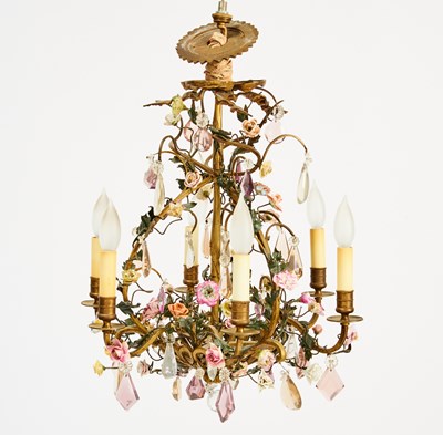 Lot 341 - Louis XVI Style Rock Crystal and Porcelain Flower Encrusted Chandelier