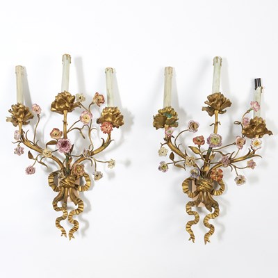 Lot 342 - Pair of Louis XVI Style Porcelain Flower Encrusted Gilt-Bronze Three-Branch Wall Lights