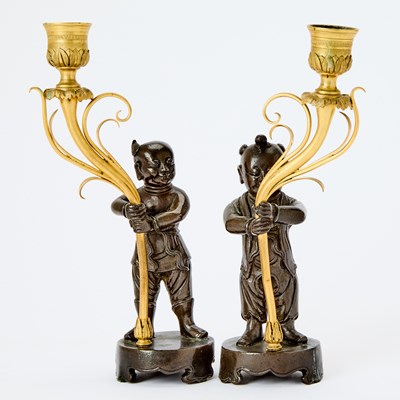 Lot 324 - Pair of Louis XVI Gilt and Patinated Bronze Figural Chinoiserie Candlesticks