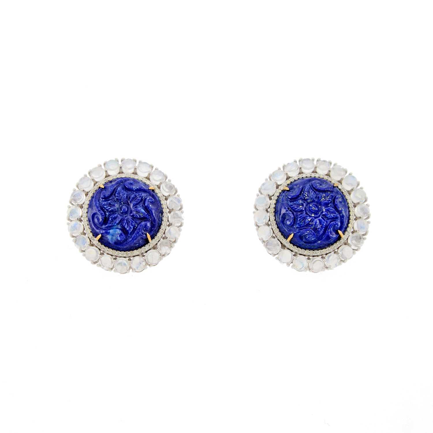 Lot 1234 - Pair of Silver, Gold, Carved Lapis, Moonstone and Diamond Earrings