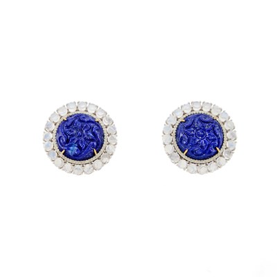 Lot 1234 - Pair of Silver, Gold, Carved Lapis, Moonstone and Diamond Earrings
