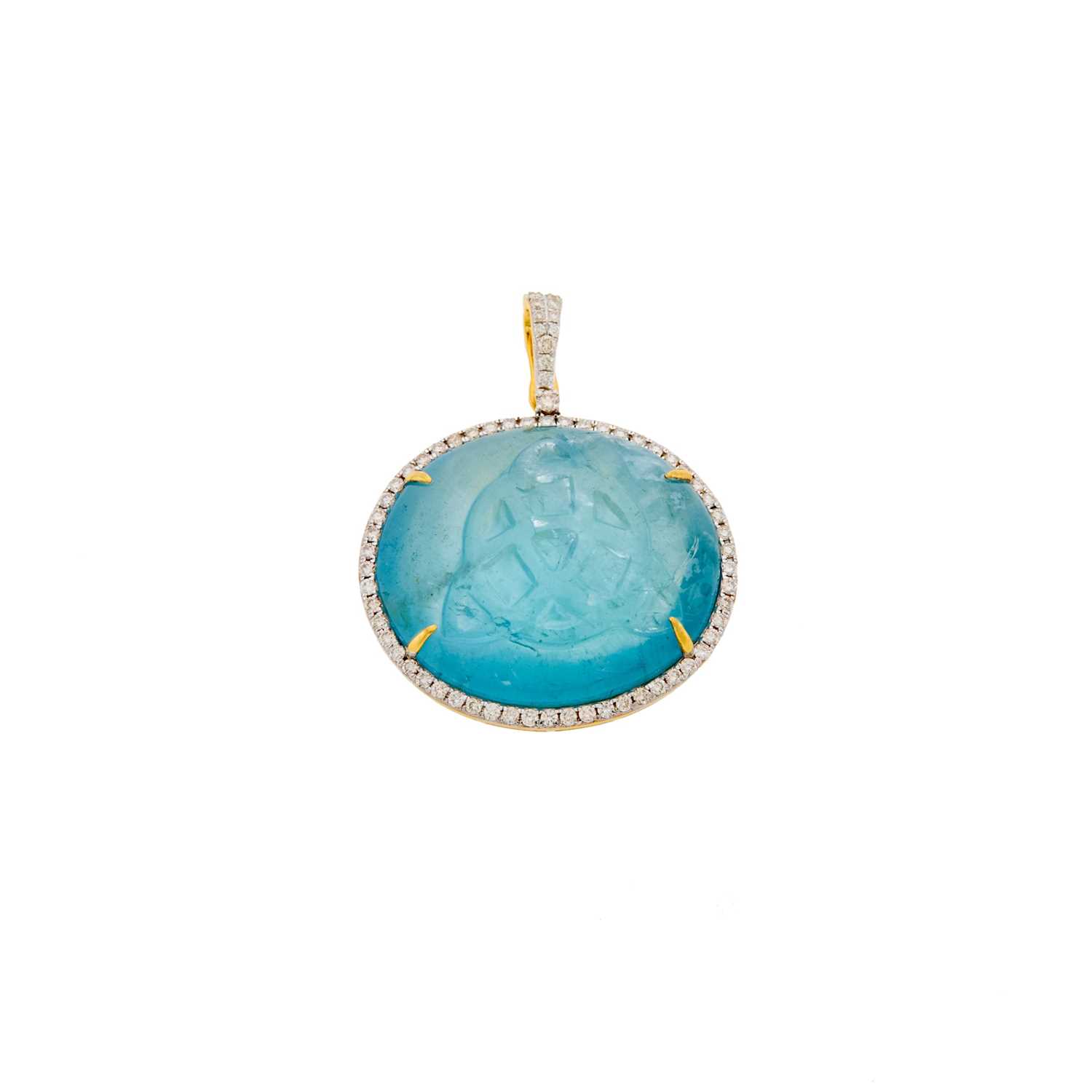 Lot 1204 - Gold, Carved Aquamarine and Diamond Pendant