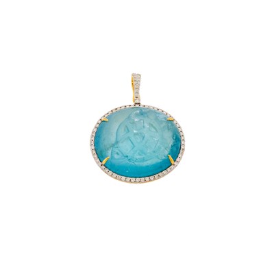 Lot 1204 - Gold, Carved Aquamarine and Diamond Pendant