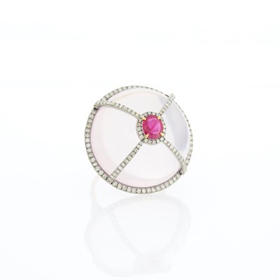 Lot 1093 - Gold, Silver, Cabochon Rose Quartz, Ruby and Diamond Ring