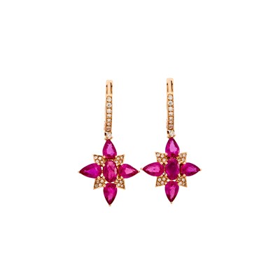 Lot 1024 - Pair of Rose Gold, Ruby and Diamond Pendant-Earrings