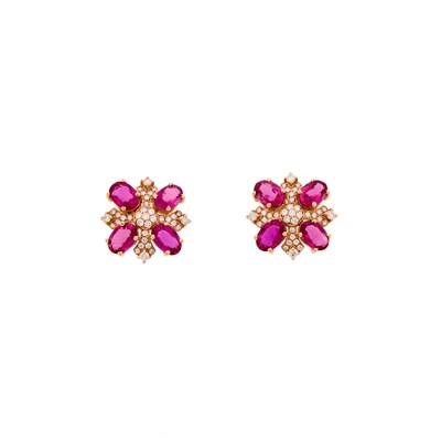 Lot 1154 - Pair of Rose Gold, Ruby and Diamond Flower Earrings
