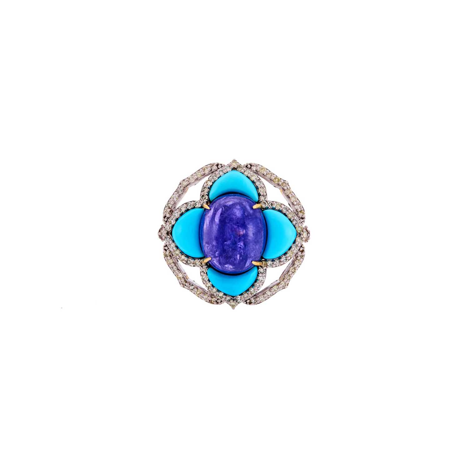 Lot 1283 - Silver, Low Karat Gold, Tanzanite, Turquoise and Diamond Ring
