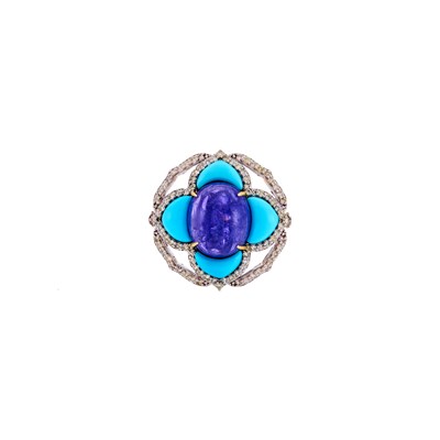 Lot 1283 - Silver, Low Karat Gold, Tanzanite, Turquoise and Diamond Ring