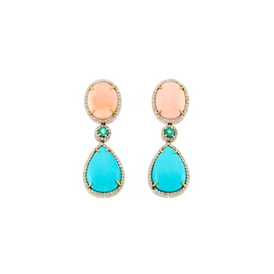 Lot 1052 - Pair of Silver, Gold, Cabochon Turquoise and Pink Opal, Emerald and Diamond Pendant-Earrings