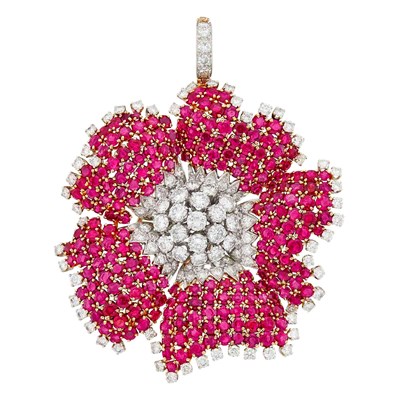 Lot 169 - David Webb Gold, Platinum, Diamond and Ruby Flower Pendant Clip-Brooch