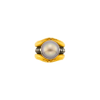 Lot 19 - Denise Roberge High Karat Gold, Oxidized Silver and Tahitian Gray Cultured Pearl Three Row Band Ring