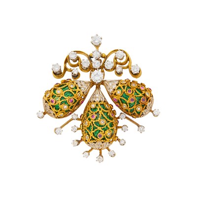 Lot 128 - Two-Color Gold, Green Enamel, Diamond and Cabochon Ruby Pendant-Brooch