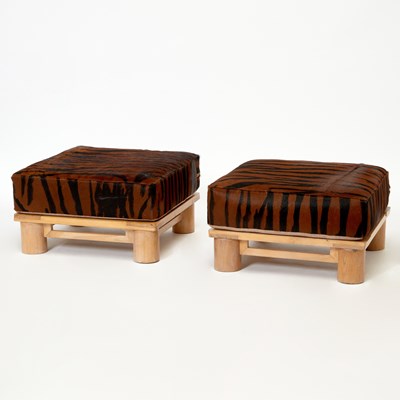 Lot 242 - Pair of Karl Springer Dowel Wood Upholstered Ottomans