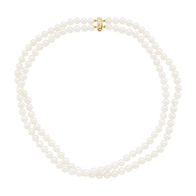 Lot 1198 - Tiffany & Co. Double Strand Freshwater Cultured Pearl Necklace with Gold, Platinum and Diamond Clasp