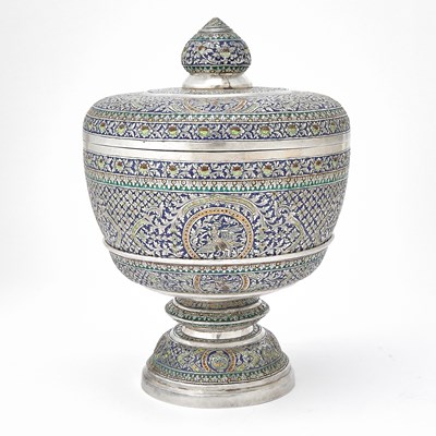 Lot 346 - A Fine Thai Silver and Enamel Pedestal Bowl and Cover
