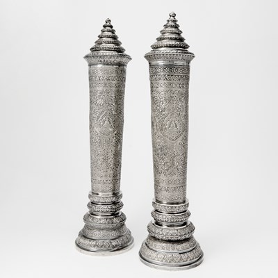 Lot 345 - A Pair of Thai Silver Cylindrical Vases and Covers