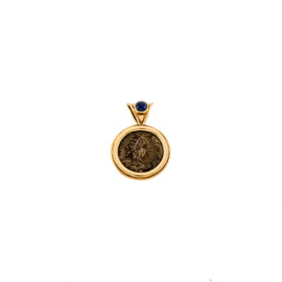 Lot 1028 - Gold, Coin and Cabochon Sapphire Medallion Pendant