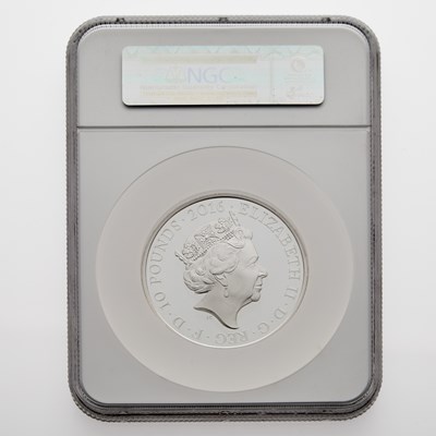 Lot 75 - United Kingdom. 2016 Silver £10 Queen's 90th Birthday Commemorative Coin. NGC PF-70 UC.