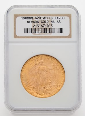 Lot 32 - United States. 1908 No Motto St. Gaudens Double Eagle. NGC MS-68, Wells Fargo Hoard.