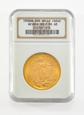 Lot 32 - United States. 1908 No Motto St. Gaudens Double Eagle. NGC MS-68, Wells Fargo Hoard.