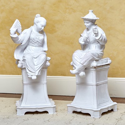 Lot 72 - Pair of Italian Faience Chinoiserie Pedestal Sculptures