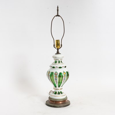 Lot 64 - Bohemian Glass Painted and Green Glass Lamp