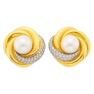 Lot 162 - Andrew Clunn Pair of Two-Color Gold, South Sea Cultured Pearl and Diamond Swirl Earclips