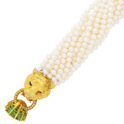 Lot 126 - Multistrand Freshwater Pearl Torsade Bracelet with Gold, Gem-Set and Diamond Lion Head Clasp
