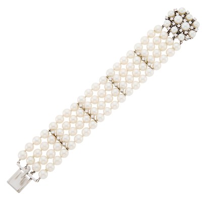 Lot 1065 - Multistrand Cultured Pearl, White Gold and Diamond Bracelet