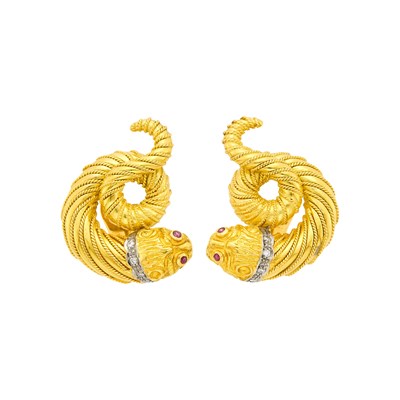Lot 112 - Ilias Lalaounis Pair of Two-Color Gold, Diamond and Ruby Chimera Earrings