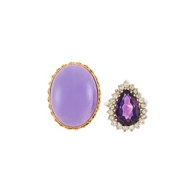 Lot 1154 - Gold and Dyed Lavender Jade Ring and White Gold, Amethyst and Diamond Ring