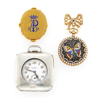 Lot 1156 - Two Gold and Gilt-Metal Pocket Watches and Stainless Steel Travel Clock
