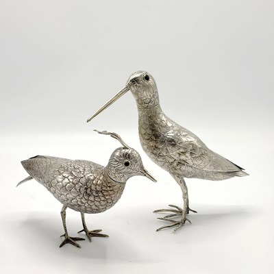 Lot 1089 - Two Dutch Silver Figures of Snipes with Glass Eyes