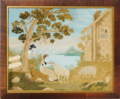 Lot 424 - Anglo/American Embroidered Panel with Watercolor