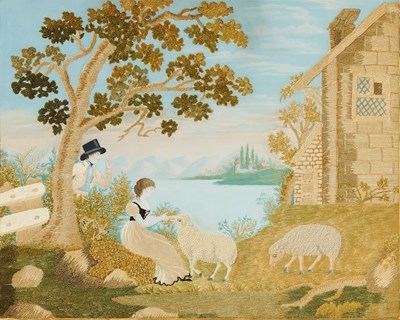 Lot 424 - Anglo/American Embroidered Panel with Watercolor