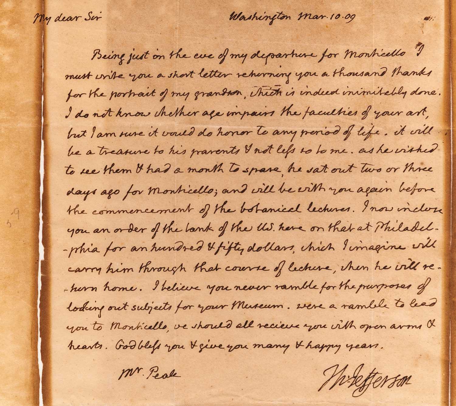 Lot 135 - An extraordinary letter from Thomas Jefferson to Charles Willson Peale