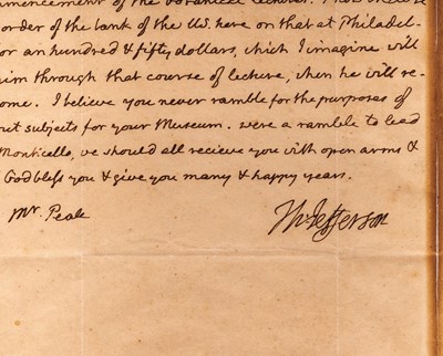 Lot 135 - An extraordinary letter from Thomas Jefferson to Charles Willson Peale