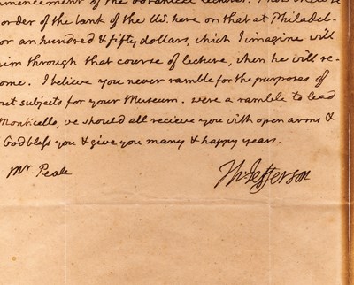 Lot 135 - An extraordinary letter from Thomas Jefferson to Charles Willson Peale