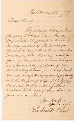 Lot An important series of letters from Rembrandt Peale to his niece Mary Jane Peale regarding her portrait