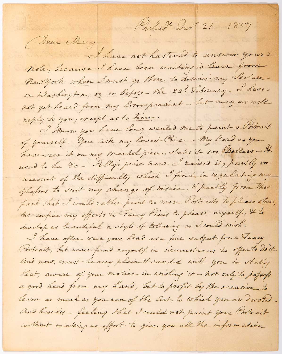 Lot An important series of letters from Rembrandt Peale to his niece Mary Jane Peale regarding her portrait