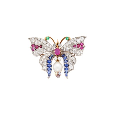 Lot 43 - Antique Platinum, Gold, Gem-Set, Pearl and Diamond Butterfly Pendant-Brooch