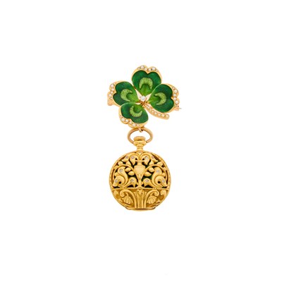 Lot A. Stowell & Co. Gold, Enamel, Diamond and Split Pearl Clover Pendant-Watch