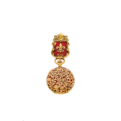 Lot 1158 - Bigelow Kennard & Co. Gold and Red Guilloché Enamel Pendant-Watch