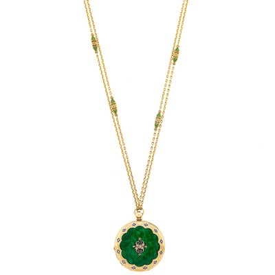 Lot 1160 - Gold, Multicolored Enamel and Diamond Hunting Case Pocket Watch with Chain Necklace