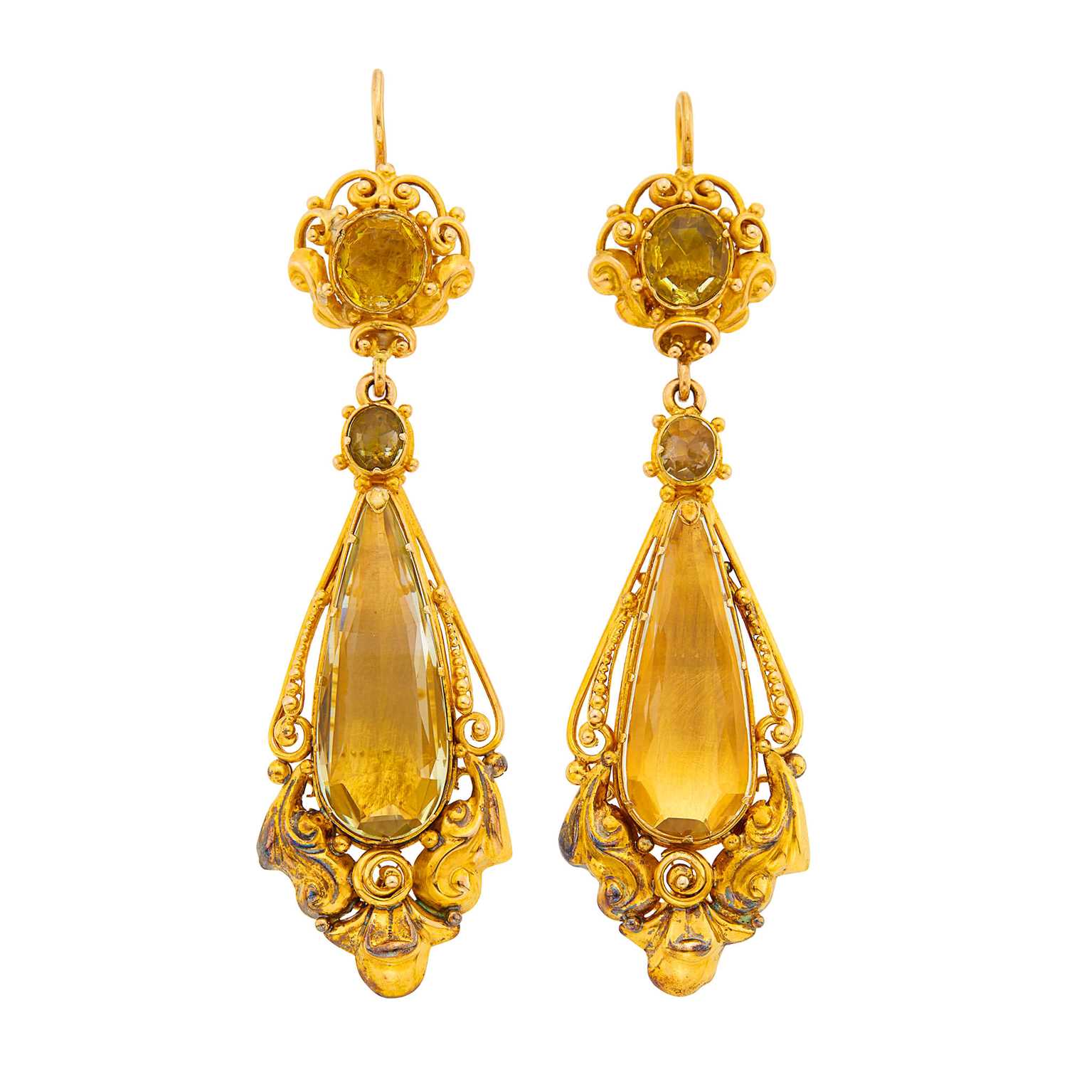 Lot 94 - Pair of Antique Gold and Citrine Pendant-Earrings