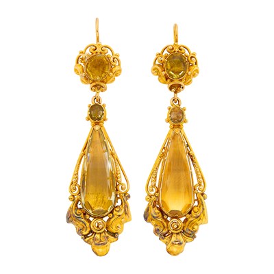 Lot Pair of Antique Gold and Citrine Pendant-Earrings