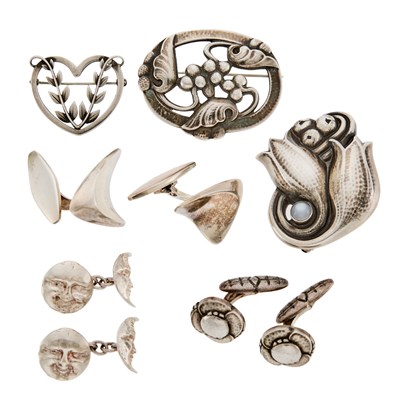 Lot 1248 - Georg Jensen Group of Silver Brooches and Three Pairs of Cufflinks