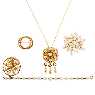 Lot 1209 - Group of Gold, Silver and Cultured Pearl Jewelry