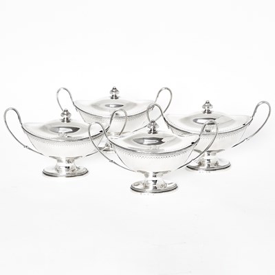 Lot 29 - Set of Four George III Sterling Silver Covered Sauce Tureens