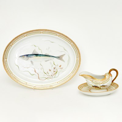 Lot 115 - Royal Copenhagen Porcelain "Flora Danica" Pattern Fish Platter and Sauceboat on Stand